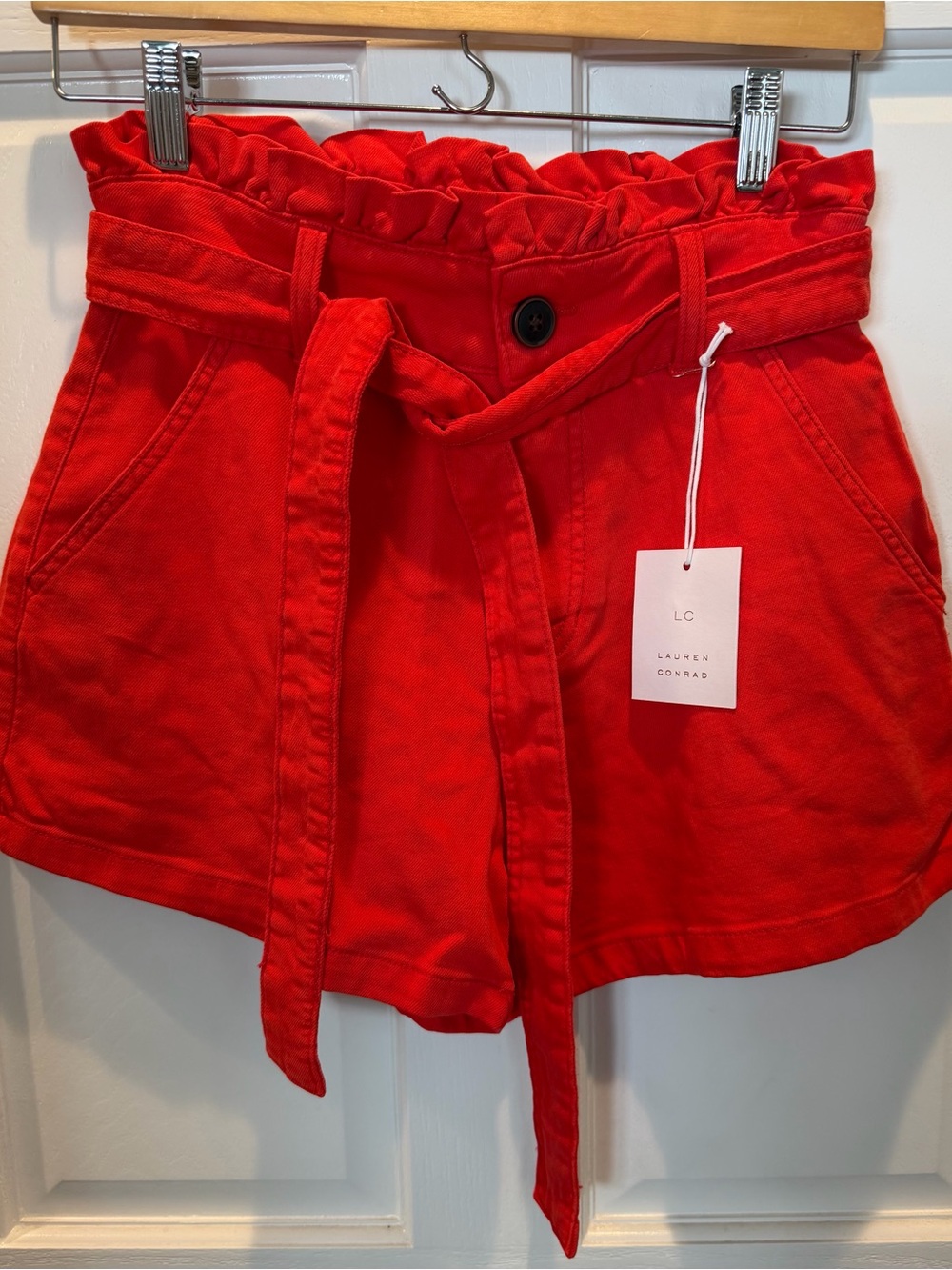 LC Lauren Conrad Bright Red Paperbag High-Waist Belted Shorts